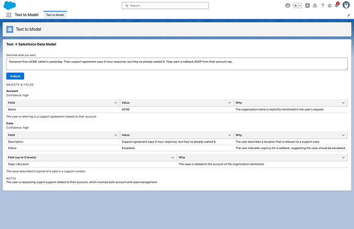Salesforce Text-to-Model screen showing Case and Entitlement records generated from a service request.